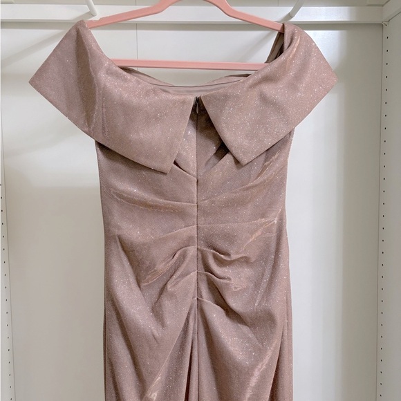 Xscape Camila Tan Sparkle Ruched Off-Shoulder Cocktail Gown Nwot - Picture 4 of 5